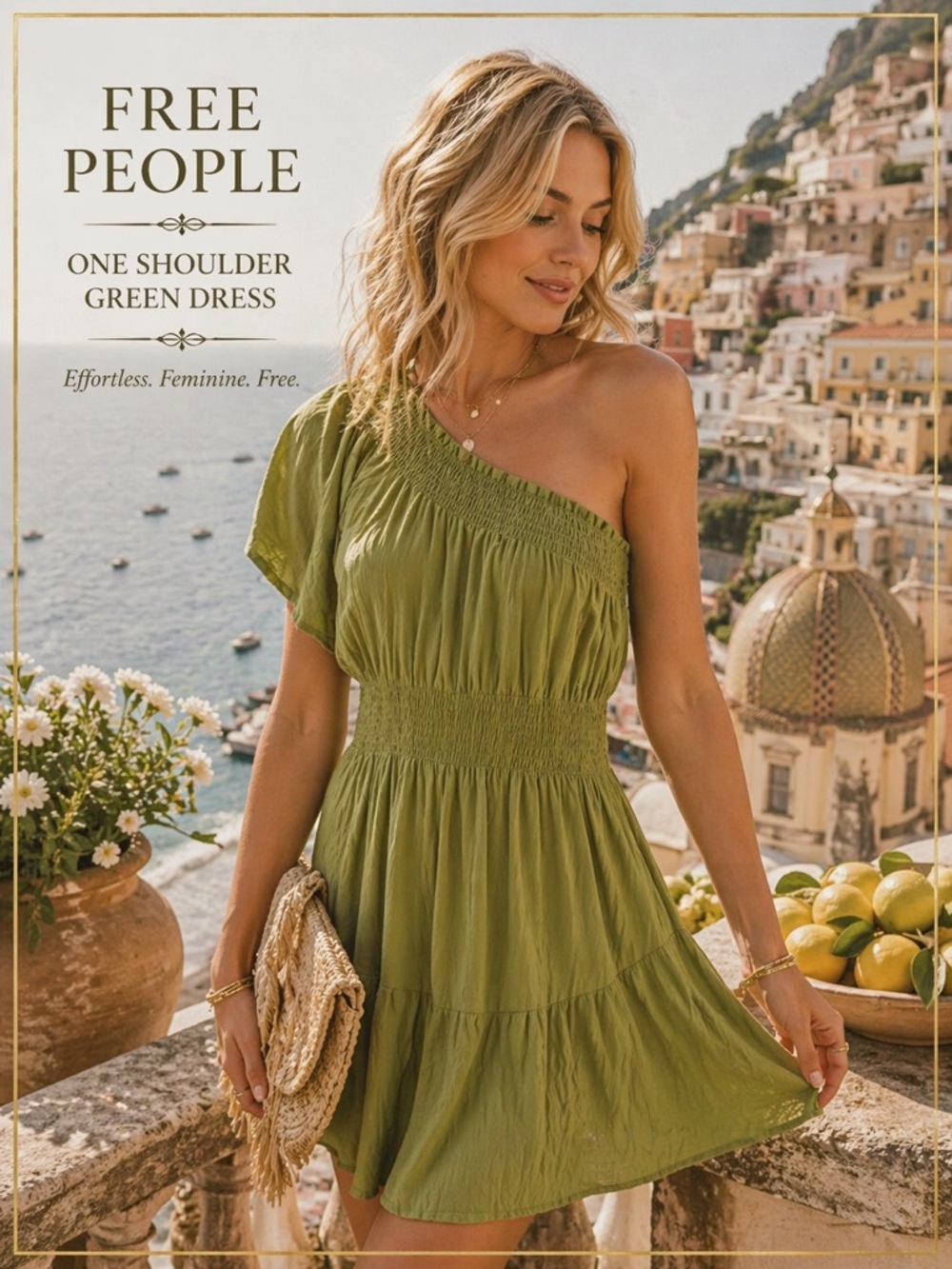 Free People Olive Green One Shoulder Dress | Boho Resort Mini Flowy Chic